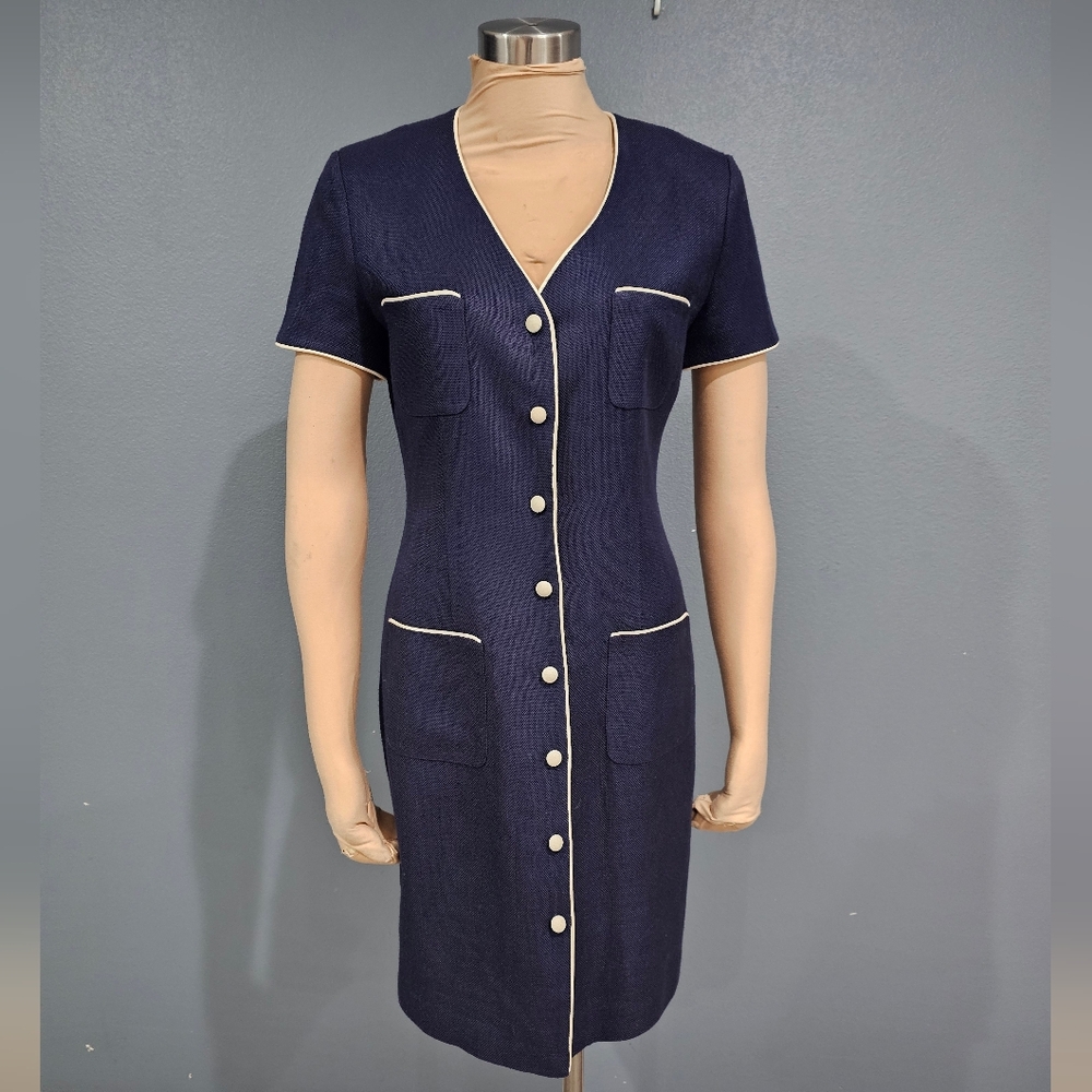 DONNA RICO Vtg Linen Button Down Short Sleeve Navy White Rayon Shift Dress 8